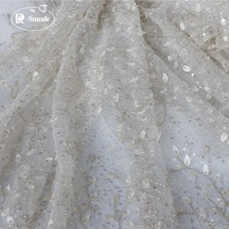 Lace Fabric with Leaf Applique, 3D Fabric for Wedding Dress Sewing, Sewing Accessories, Luxury Beaded, RS3089