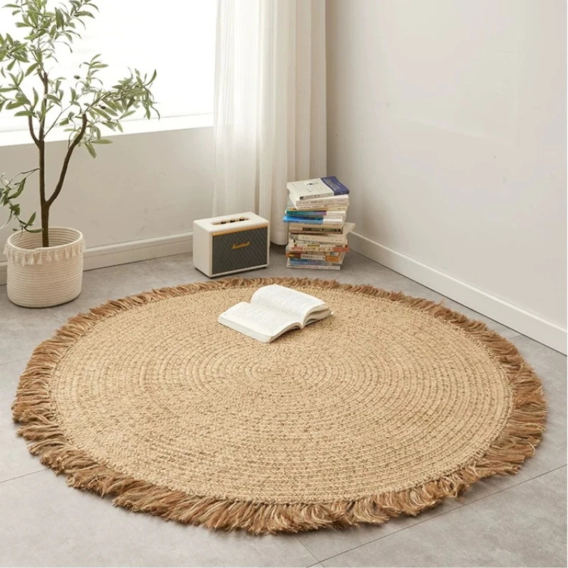 Handwoven Jute Area Rug for Living Room Round Natural Fiber Carpet with Fringe Glue-Free Sofa Coffee Table Mat Bedroom Carpet
