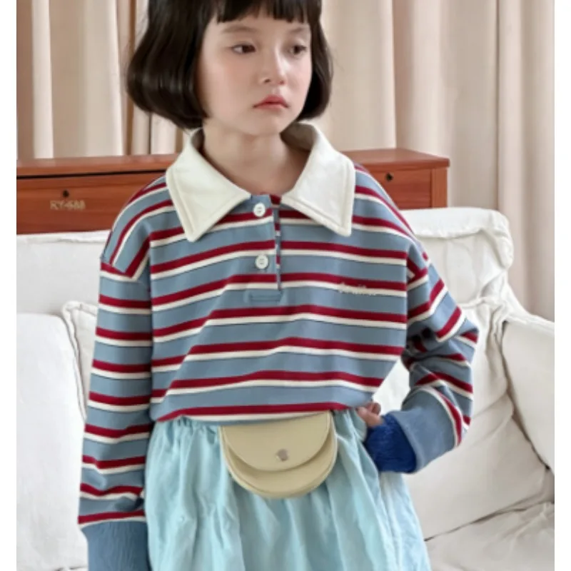 

Korean thin striped sweatshirt for girls in spring and autumn, retro versatile, contrasting loose casual top