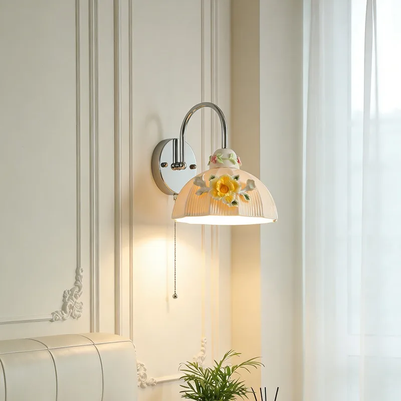 French Pastoral Ceramic Wall Lamps With ON/OFF Zipper Switch Carved Flowers Fixture Bedroom Bedside Wall Light for Living Room