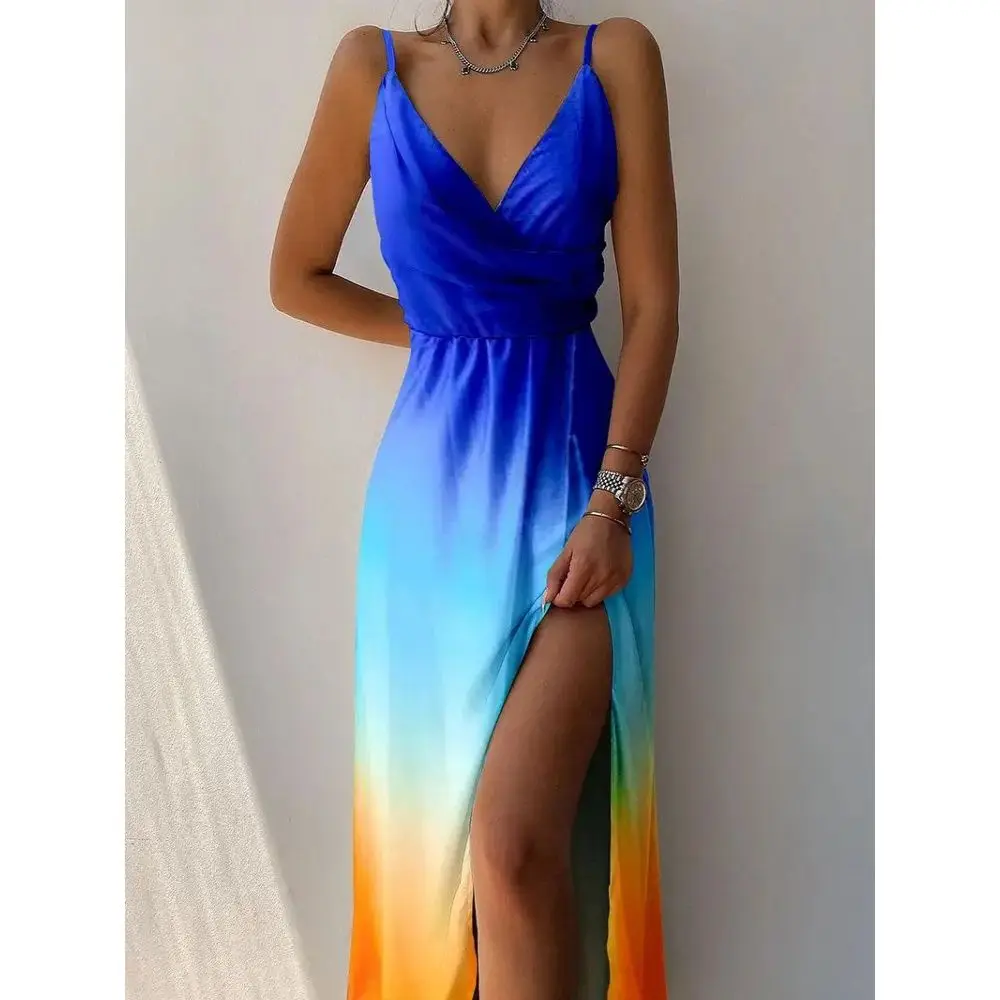 

Plus Size Dresses Gradient Cami Sexy Dress Casual V Neck Sleeveless Daily Loose Lady Outfits Women Beach Party Slit Dress