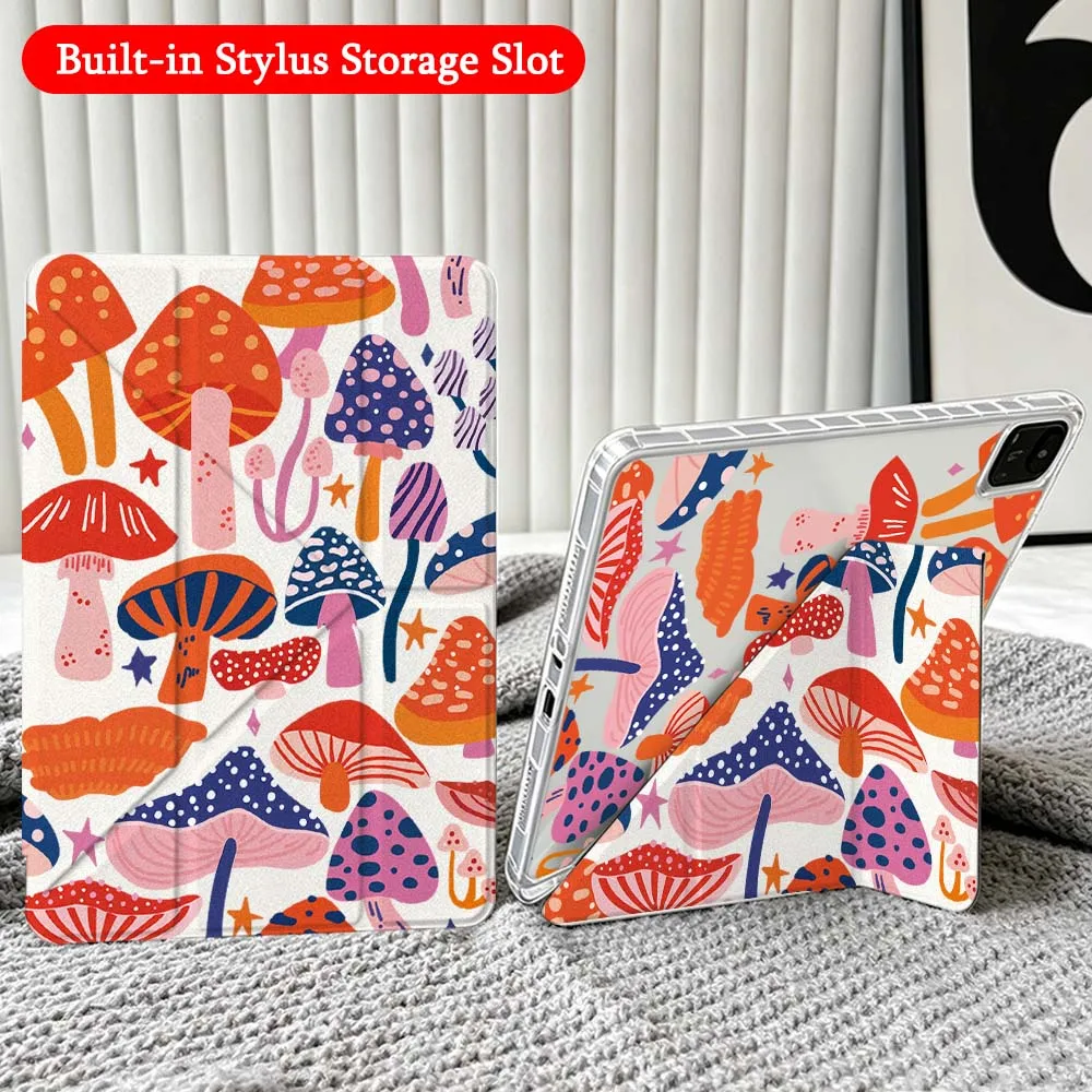 Mushroom Pattern Design Case For Xiaomi Redmi Poco Pad 5 6 7 8 Pro SE 11 11.2 12.1 Inch Transparent Y-Shaped Folding Tablet