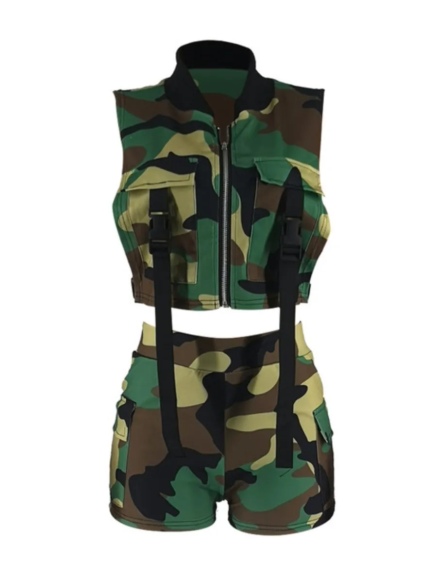 LW Camo Print Buckle Design Side Pocket Y2k Shorts Set Zipper Up Sleeveless Crew Neck Top&Matching Casual Bottoms Stylish 2PC