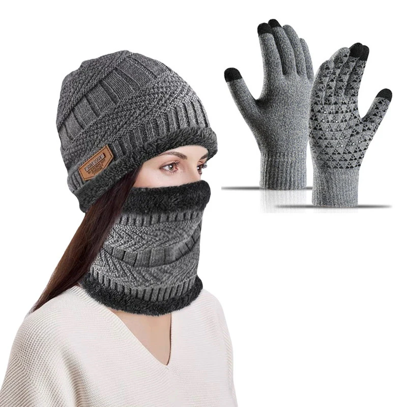 Ensemble écharpe et gants en velours chaud pour hommes et femmes, bonnet en tricot, écharpe de cou sourire, lieux doux, extérieur, hiver, 3 pièces par ensemble