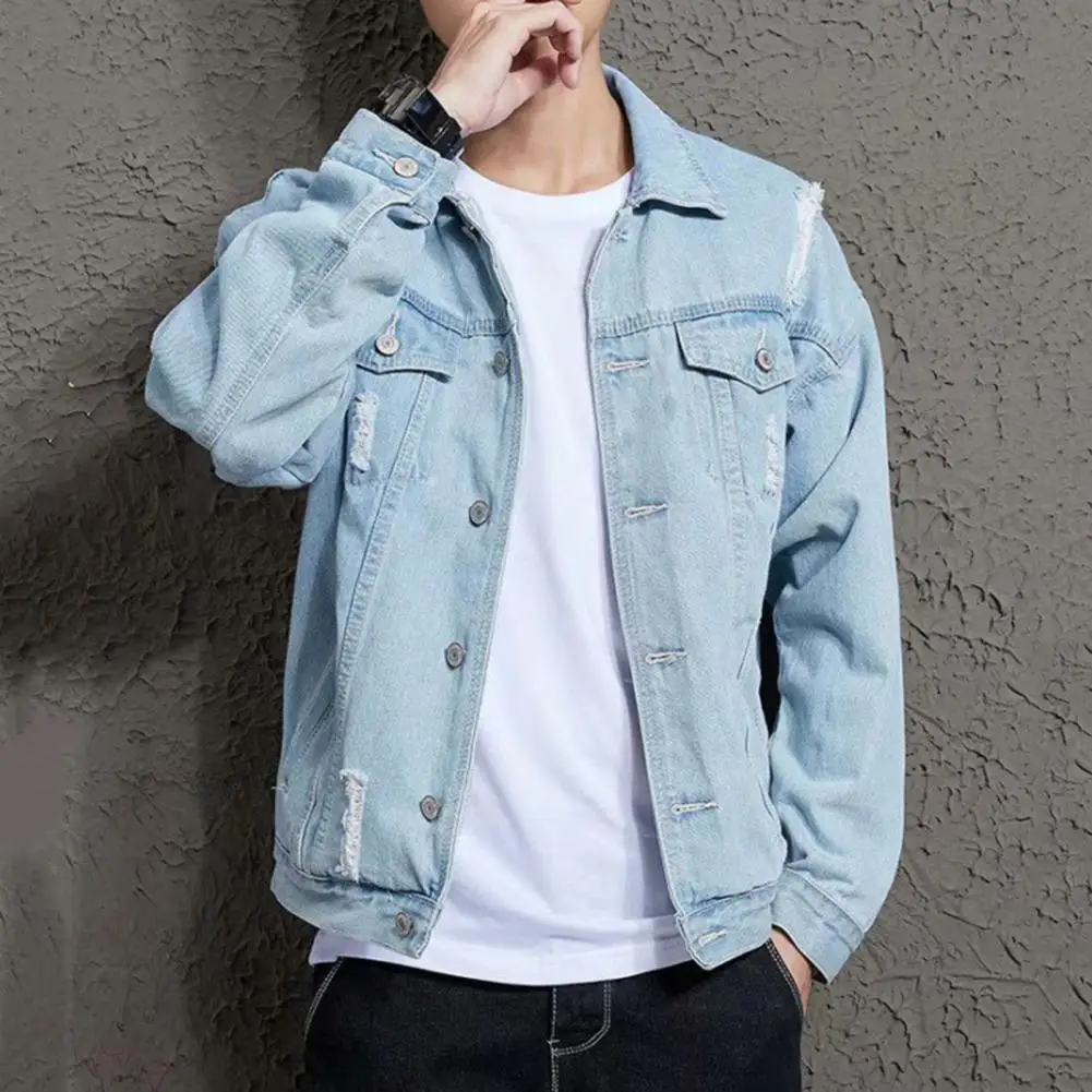 Men Denim Jacket Fake Two-piece Hooded Ripped Patch Pocket Denim Jacket Casual Men Spring Fashion Coat Patchwork Color Jackets