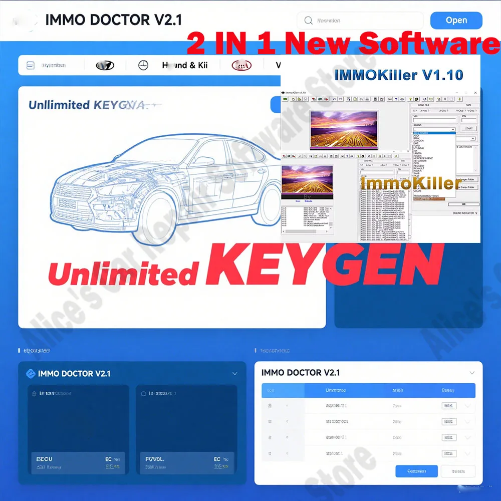 

New 2 IN 1 ImmoKiller V1.10 obd2 scanner + IMMO DOCTOR V2.1 With Unlimited KEYGEN MULTI BRAND Immo Off Software ECU Chip Tuning