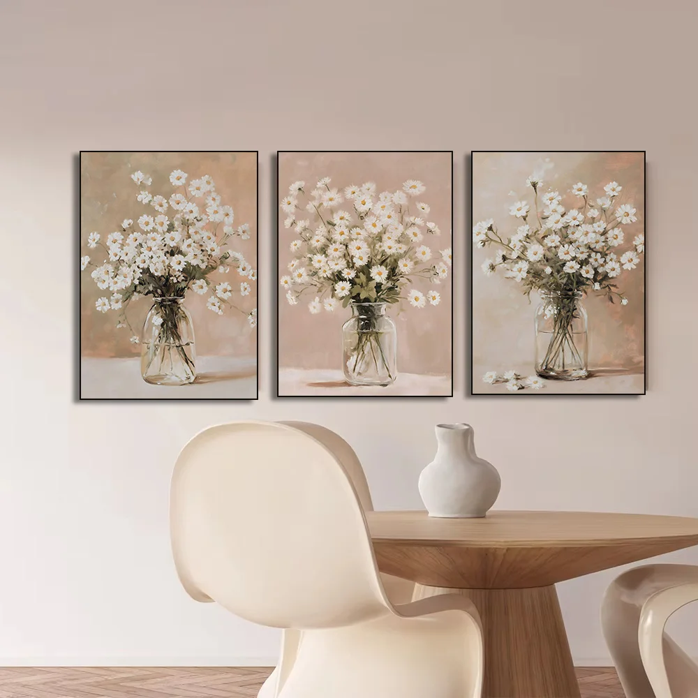 White Hydrangea Rose Daisy Poster Vintage Kitchen Still Life Canvas Painting Print Nordic for Living Room Home Decor