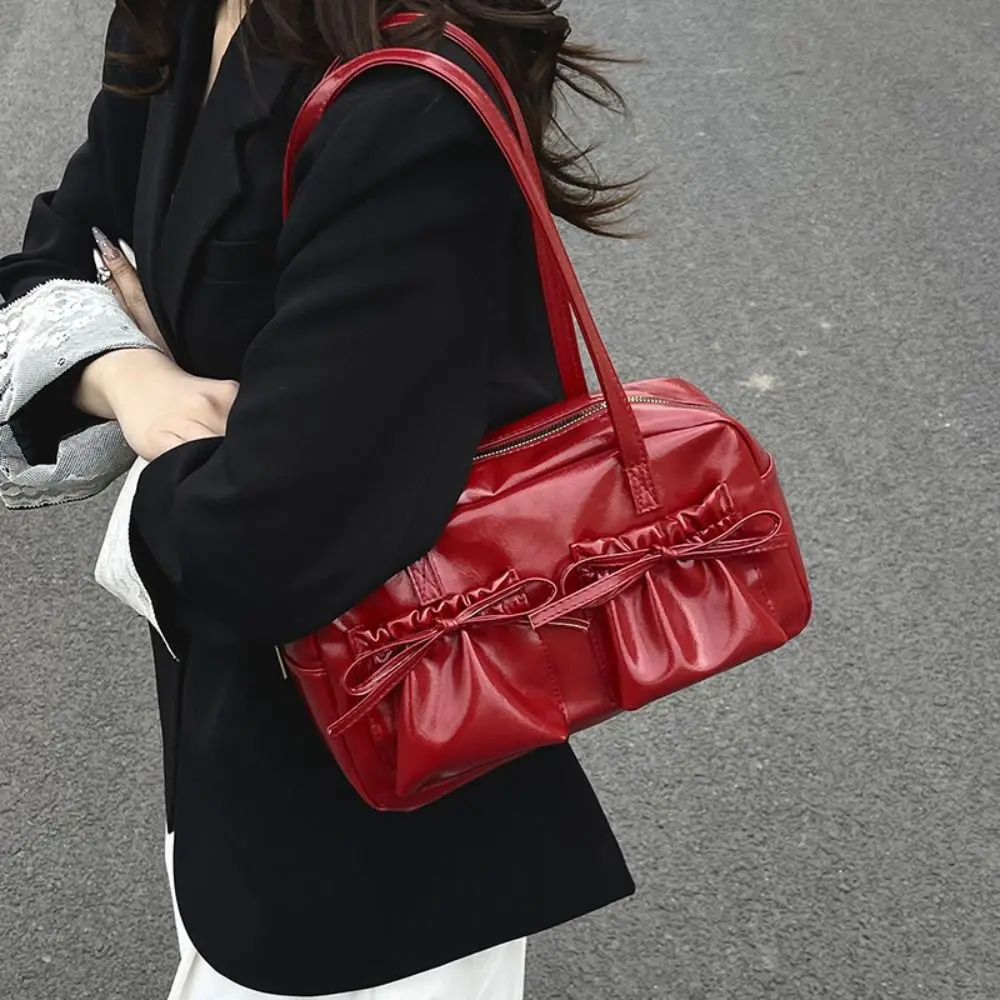 

Cute Designer Ribbons Bowling Tote Bag Korean Large Capacity Bow Tie Shoulder Bag Y2k Ballet Pu Leather Women's Handbag Ladies