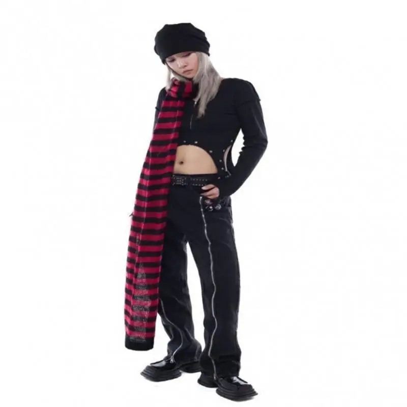 

652F вязаный шарф в полоску для девочек-подростков, женский зимний теплый шарф, ветрозащитный воротник, мягкий теплый длинный