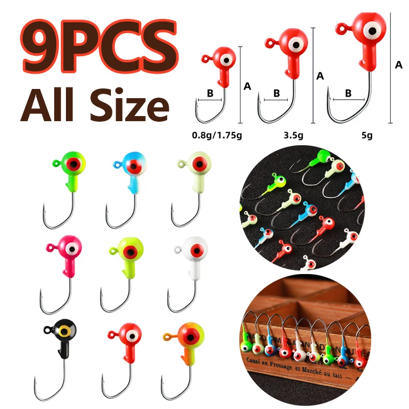 9PCS Jig Head Hook 0.8g/1.75g/3.5g/5g Crank Mix Colors Fishing Hook head Jig Lure Hard Bait Soft Worm Jig Hookfor Fishing Tackle