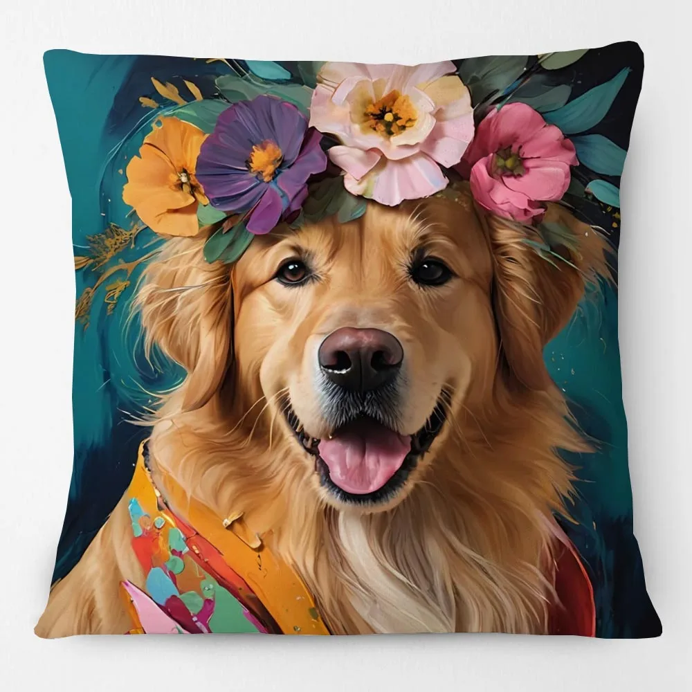 European Vintage Dog With Wreath Leopard Rabbit Parrot Zebra Animals Portrait Poster Cushion Covers Pillow Case For Sofa