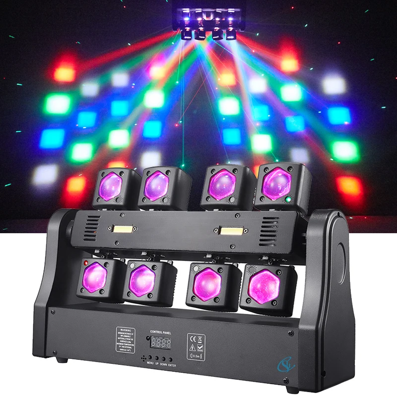 LED 120W 8 Arm Beam Moving Head Light Professional Stage Lights DMX512 Control DJ Disco Lights with Laser for Wedding Party
