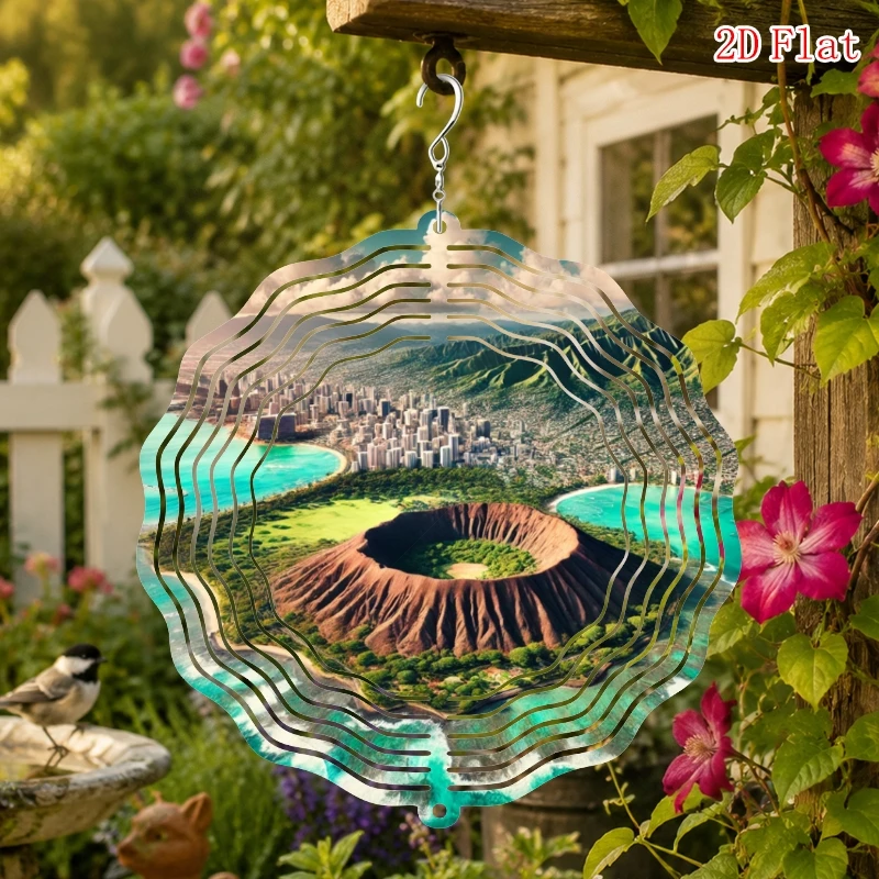 2D Flat Diamond Mountain Volcanic Tuff Pattern Metal Rotating Wind Chime with Rotating Hook, Outdoor Garden and Patio Decoration