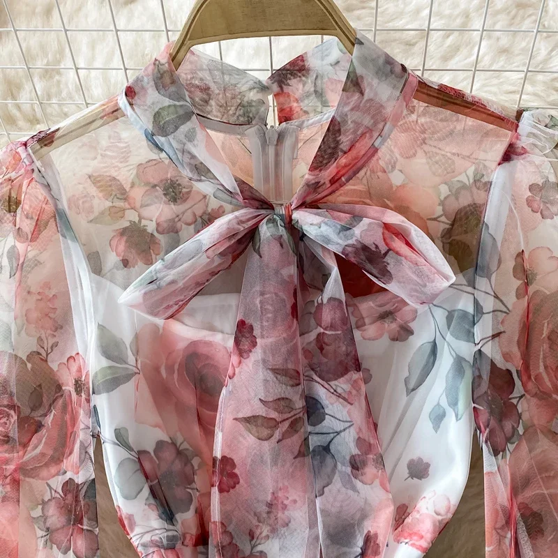 優しい風蝶ネクタイベルト薄いハイウエストクラッシュシフォンドレス長袖エレガントなハイエンド大きな裾ロングスカートサマードレス