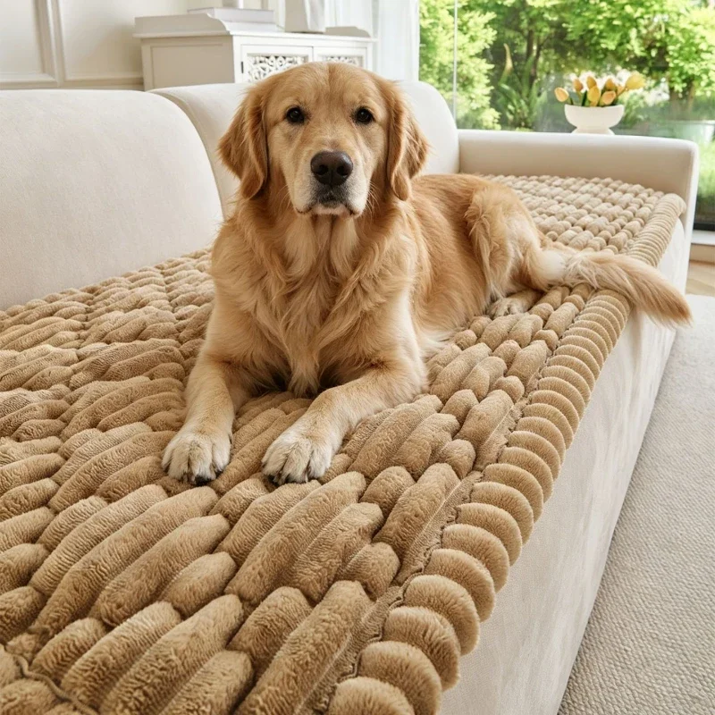 Winter Flannel Couch Cushion Solid Color Premium Plush Sofa Covers Thick Warm Fixed Non Slip Living Room Decoration Sofa Blanket