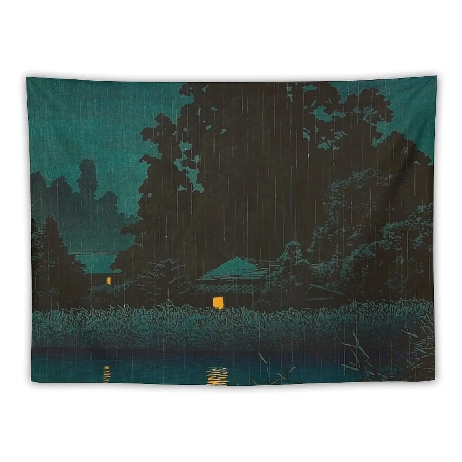 Rain at Omiya Japanese Woodblock Print Vintage East Asian Art by Kawase Hasui Tapestry Wallpaper Bedroom Tapestry