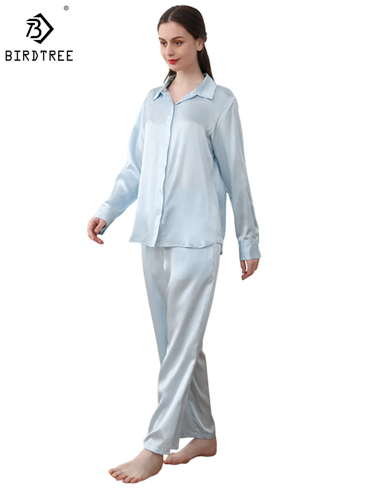 Birdtree 19MM 100%Real Silk Pajamas Set for Women, Long Sleeve Solid Color, Simple Homewear, 2024 Spring New Sleepwear S41065QM