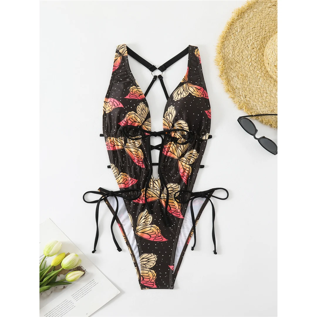 Schmetterlingsmuster, tiefes V-Ausschnitt-Design, rückenfreier, einteiliger Badeanzug für Damen, Badebekleidung, hoch geschnittener Monokini-Badeanzug, Badeanzug, Modell V6369. – Detail 11