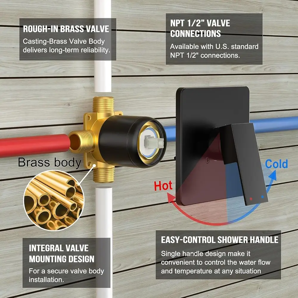 Conjunto de Chuveiro e Torneira Preto Fosco com Chuveiro de 8 Polegadas e Bico para Banheira, Conjunto de Alças e Kit de Acabamento