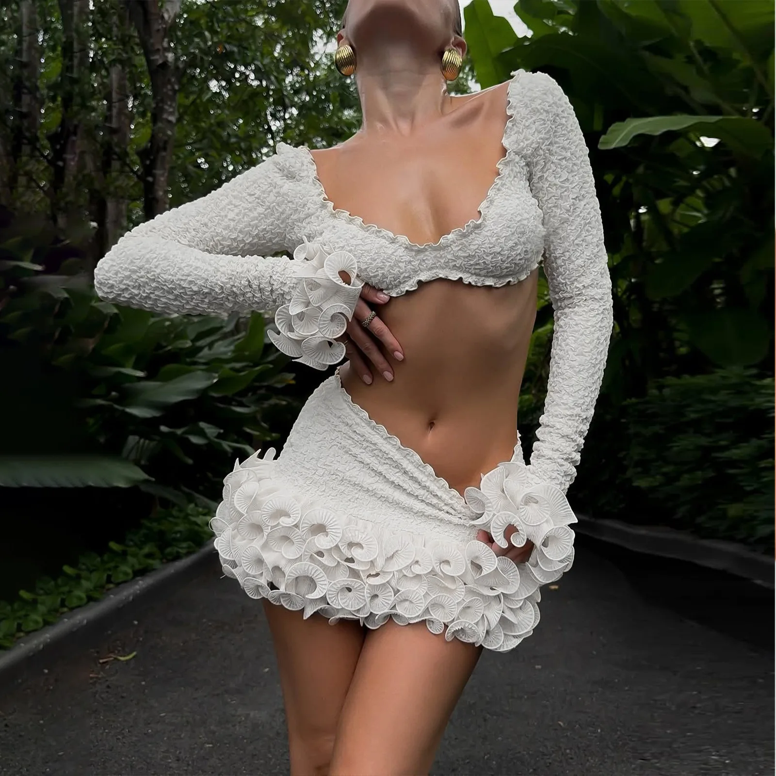 White Sexy Texture Women 2 Piece Sets Ruffles Super Short Crop Tops V Neck Wooden Ear Half-Dress Skirts Design Party Outfits