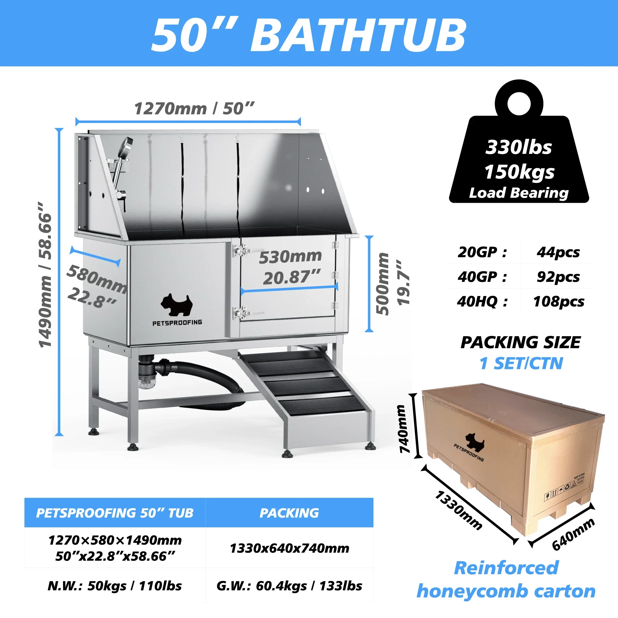 Multifunction 50-Inch Stainless Steel Portable Pet Spa Bathhtub Sustainable Large Dog Washing Shower Station with Ramp and Tub