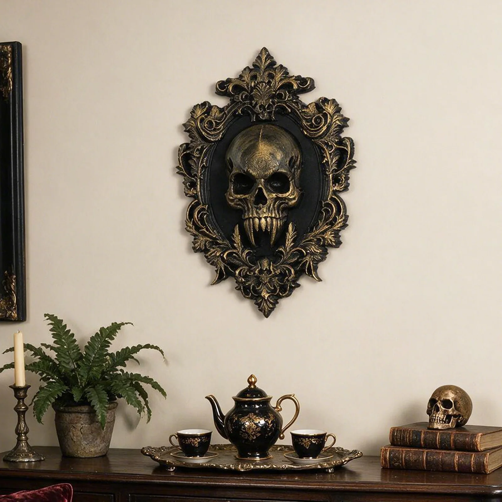 Cross‑border Vintage Gilded Carved Skull Wall Plaque Gothic Dark Style Framed Wall Hanging Halloween Home Decor