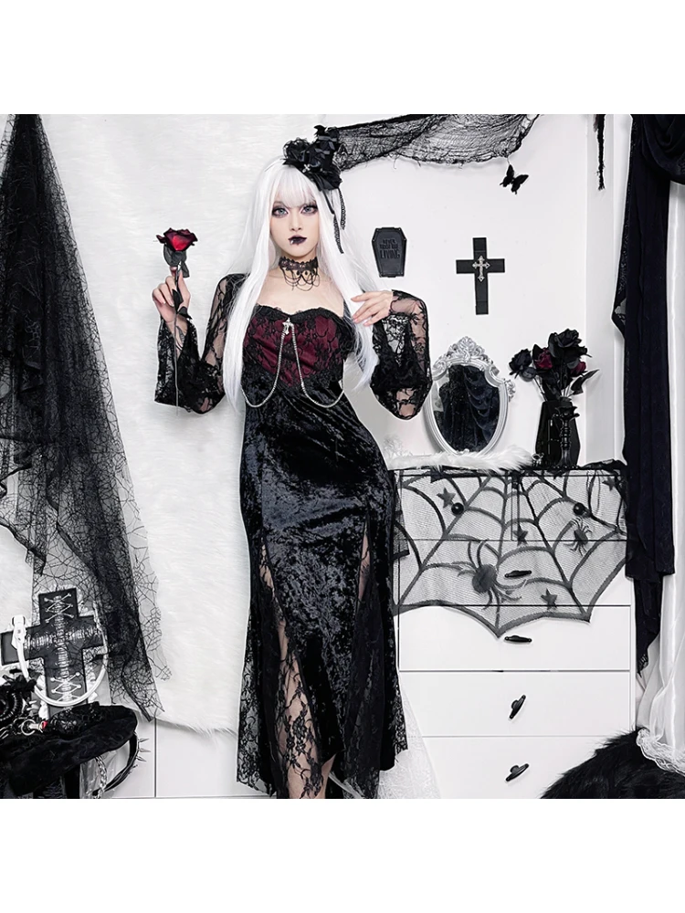 

Сексуальный готический красный кружевной костюм Fi Tail Dr на Хэллоуин, женская длинная юбка Dr, длинное волокно из полиэфирного волокна Sve H-Sle D...