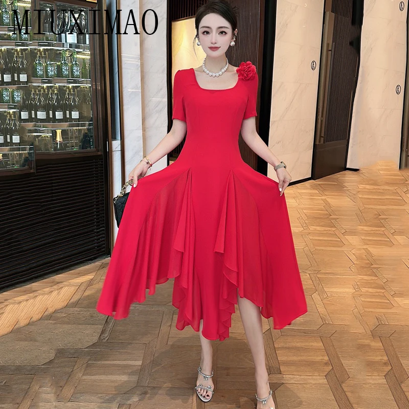 

MIUXIMAO 2023 High Quality Office Lady Elegant Dress Short Sleeve Square-Neck Solid Applique Fashion Long Dress Women Vestide