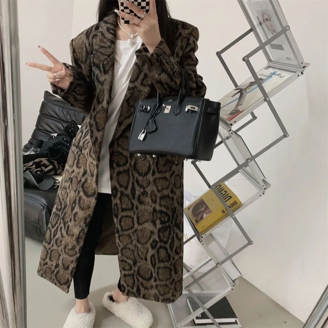 Double-breasted leopard print suit woolen coat for women 2024 winter new style loose silhouette mid-length woolen coat trendy