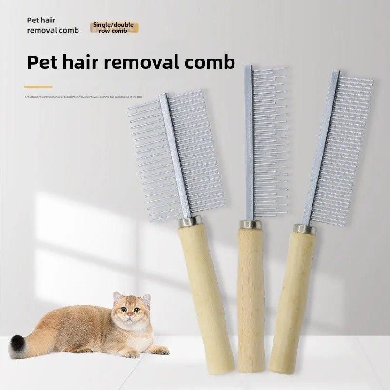 

Pet Wooden Handle Single Row Comb Double Row High and Low Tooth Comb Cat Grooming Comb