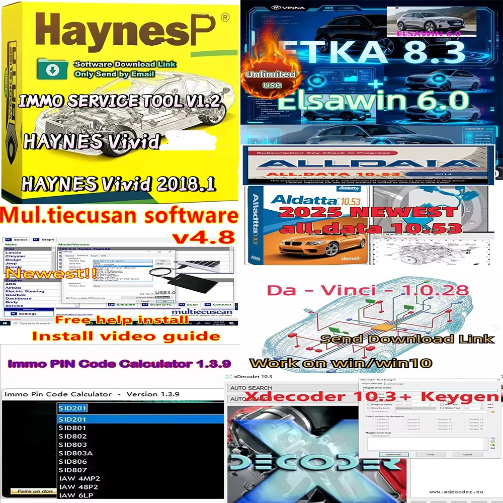 

9 en 1 Alldata 10.53 TOOL V1.2 Vivid 2018.1 ETKA 8.5/ELSAWIN6.0 XDecoder V10.3 Davin 1.0.28 MultiECUScan 4.8 Calculator 1.3.9