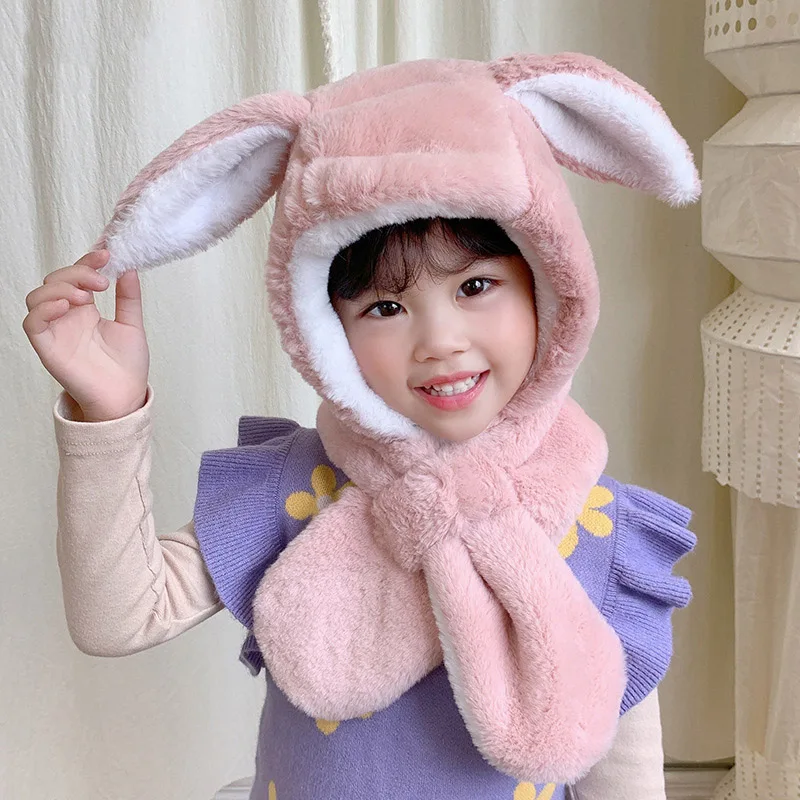 

Autumn Winter Fleece Hat Scarf For Kids Ear Protection Cap Warmer Neck Scarf Children Cartoon Cute Beanies Cap Baby Girls Hat