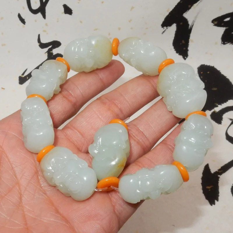 Crafts Hetian Bracelet Eighteen Arhat Men's White Jade Seed Material