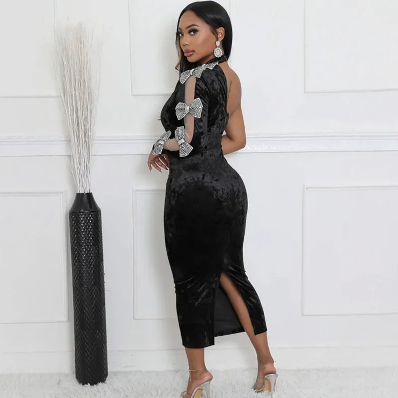 Sexy One Shoulder Velvet Maxi Dress Women Evening Night Club Party Halter Long Sleeve Bow Tie Prom Elegant Long Dresses Gown