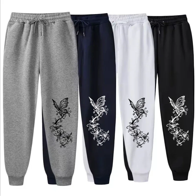 Two Piece Butterfly Printed Pants Women Simple Loose Outdoor Sports Fitness Jogging Casual Pants Fleece Fashion Sweatpants