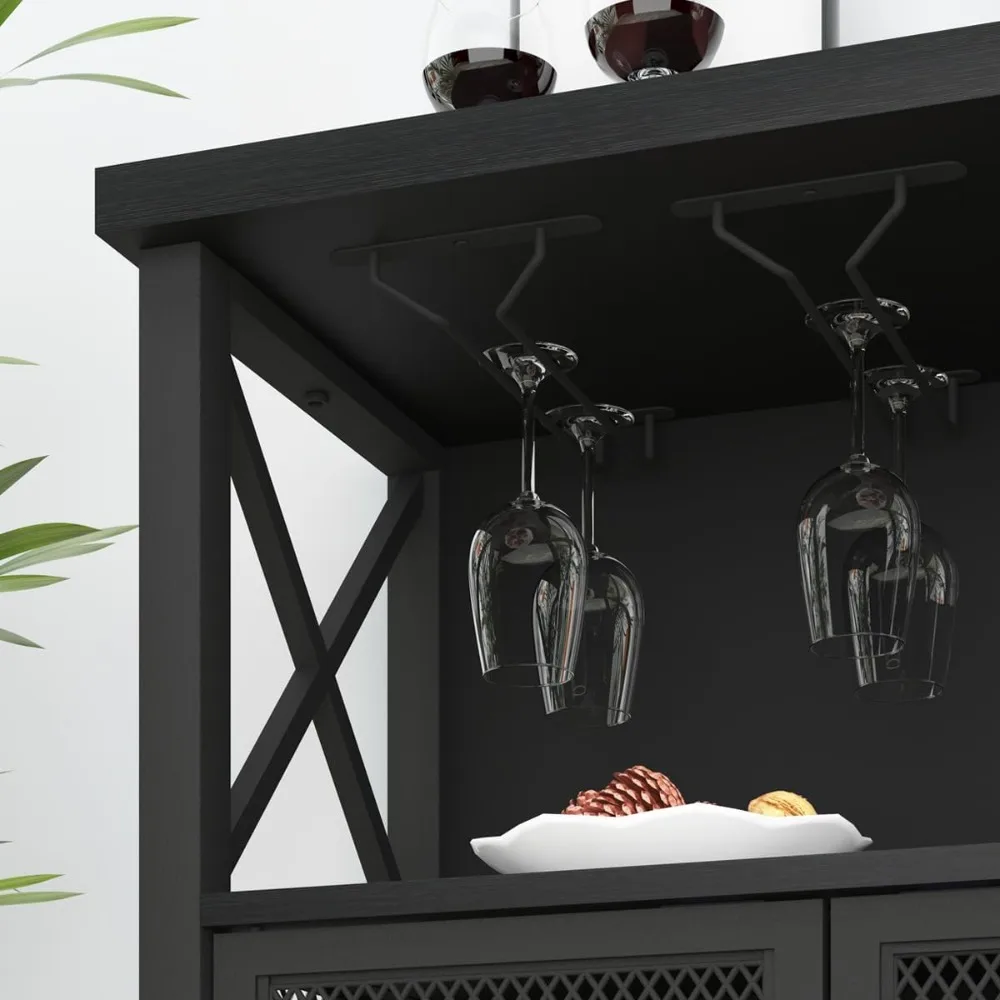 Gabinete de barra de café negro, gabinete de licores moderno para licores y vasos, aparador de cocina, gabinete de Buffet con estante para vino