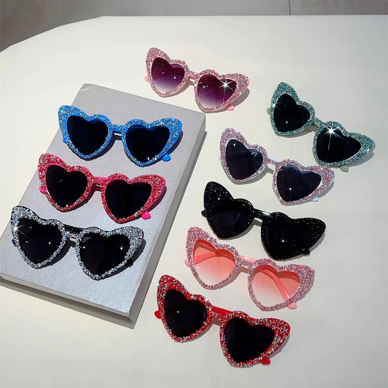 KAMMPT Vintage Heart Shaped Sunglasses with Rhinestones Women 2024 New Original Sweet Sun Glasses Trendy Brand Decorative Shades