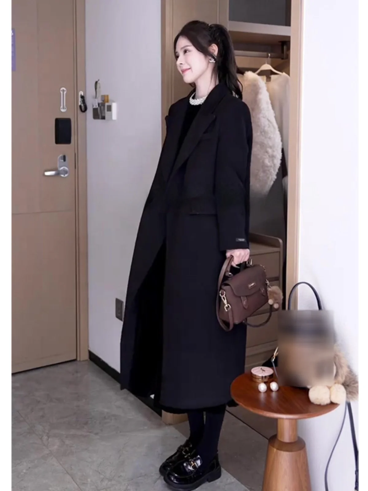 

Zhang Women's High-End Winter Woolen Coat Sli Warm Bla Long Sve Mid-Length Commute Faion Seoul Dr Coat