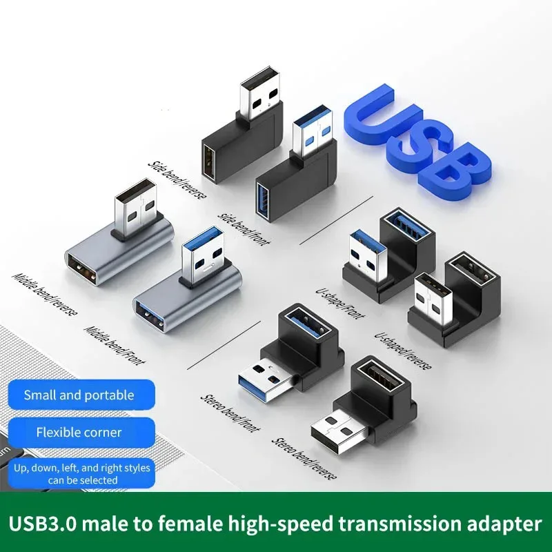 1/3pcs 90 degree right angle USB 3.0 adapter elbow 10Gbps USB connector, used for PC male and female expansion plug converter