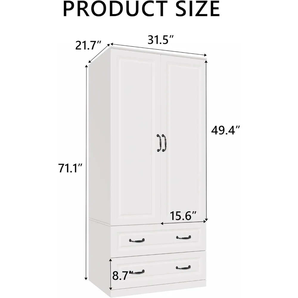 خزانة ملابس خشبية مع بابين ودرجين، وخزائن تنظيم لتخزين الملابس مع قضيب معلق حرب قائمة بذاتها #3