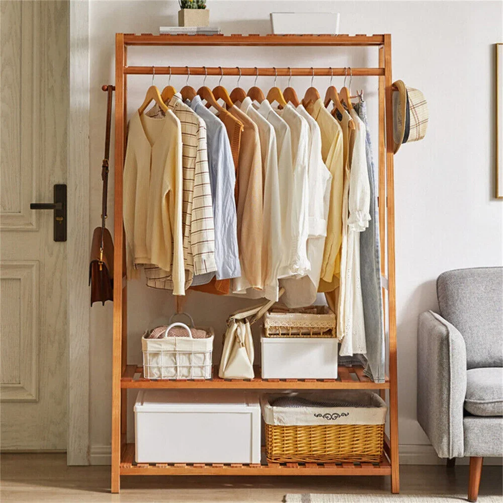 Bamboo Clothes Rail Rack Garment Stand with Top Shelf Shoe Storage Ladder Rails Hanging Display