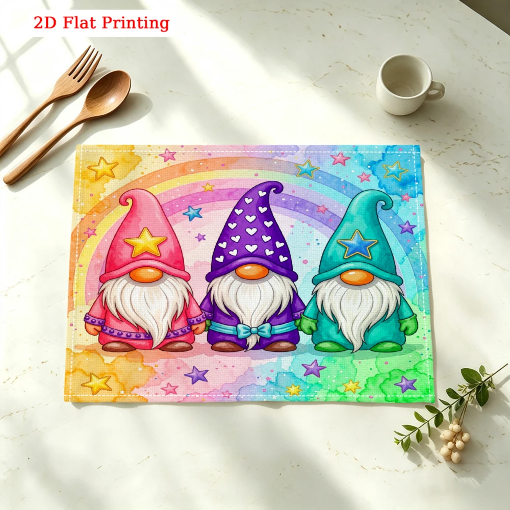 Three Colorful Gnomes Under Rainbow Kitchen Placemat Coaster Linen Pad Dish Coffee Cup Table Mat 30x40cm Home Decor