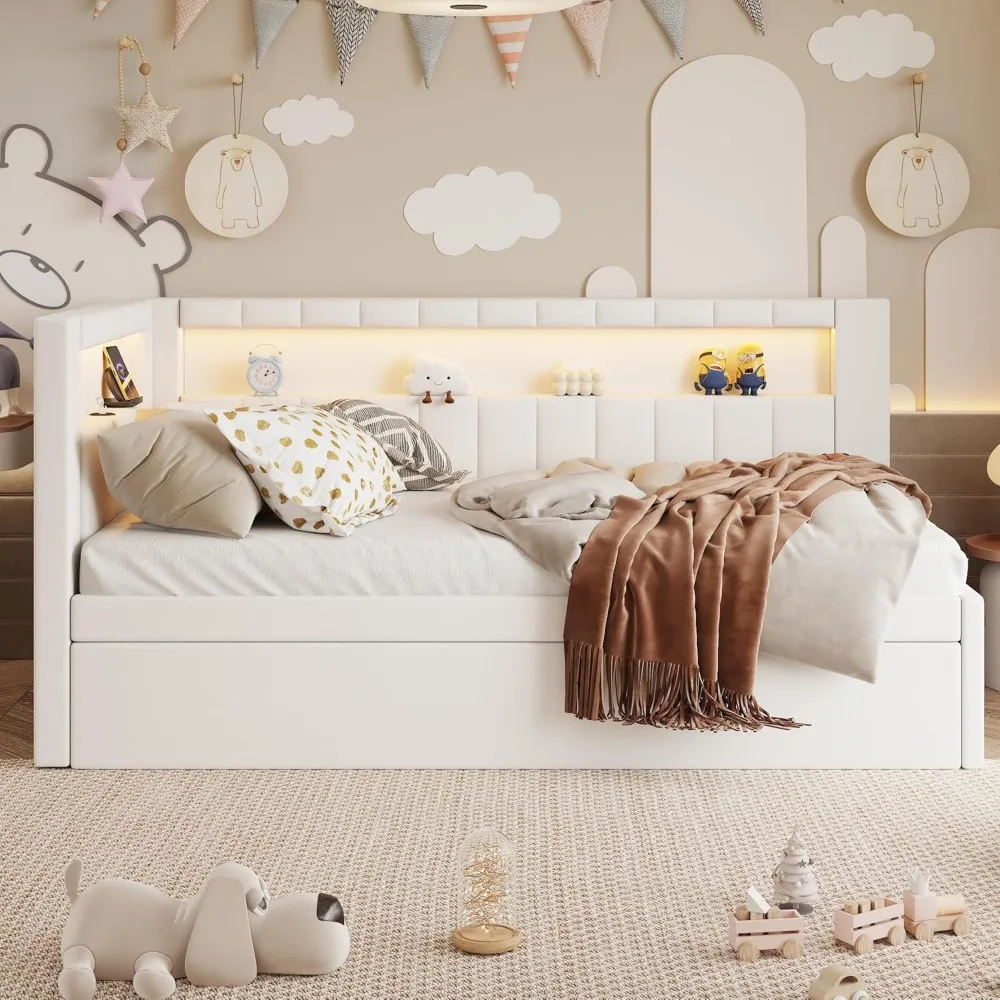 سرير زاوية ناعم منجد من الكتان مع أرفف تخزين وشحن وسرير نهاري مزدوج الحجم مع دولاب ولوح أمامي لرف الكتب على شكل حرف L