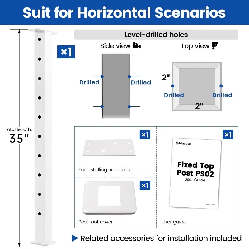 White Cable Railing Post Level drilled 36"x2"x2" Surface Mount Kit Indoor Outdoor with Paper User Guide PS02 WH4S