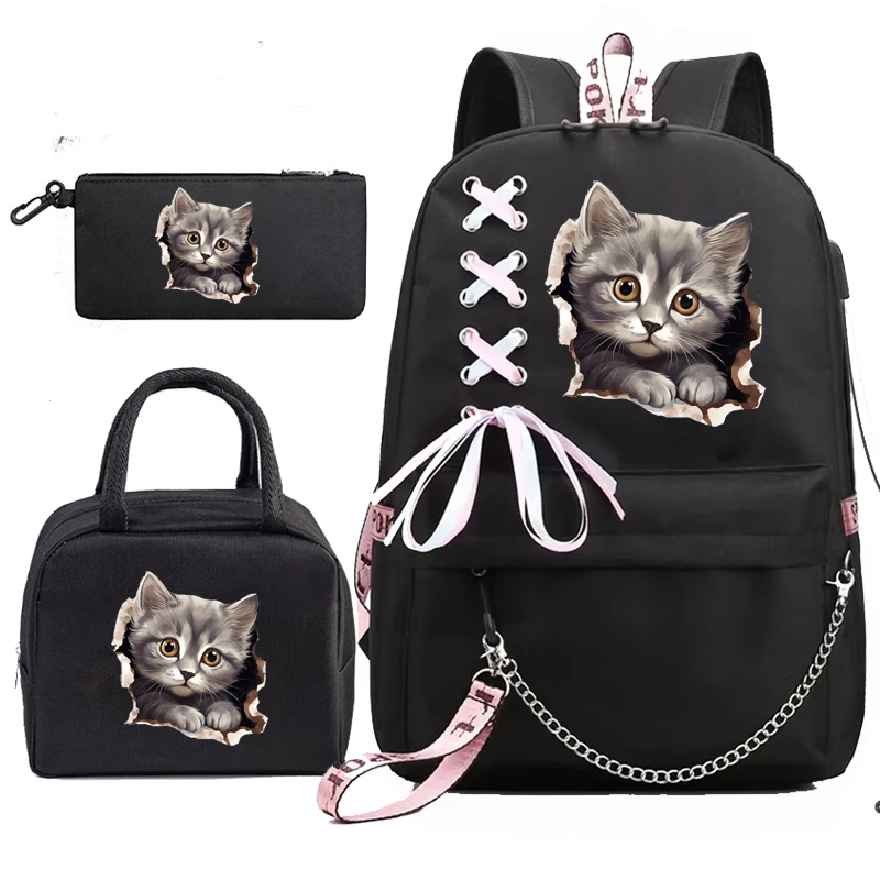 Student Teens Schoolbag Backpack Bags Cartoon 3D Crazy Sphynx Cat Print School Satchels with Portable Lunch Bags 3pcs Mochila