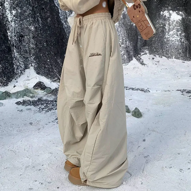 Smvp 아메리칸 빈티지 Y2K 와이드 레그 바지 여성 겨울 두꺼운 플러스 벨벳 따뜻한 바지 여성 하이 웨이스트 헐렁한 스웨트 팬츠