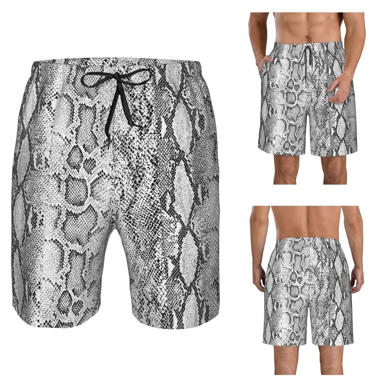 Off White Grey Snake Skin Pattern Trunks Beach Board Shorts Casual Quick Dry Swim Summer Men Pants