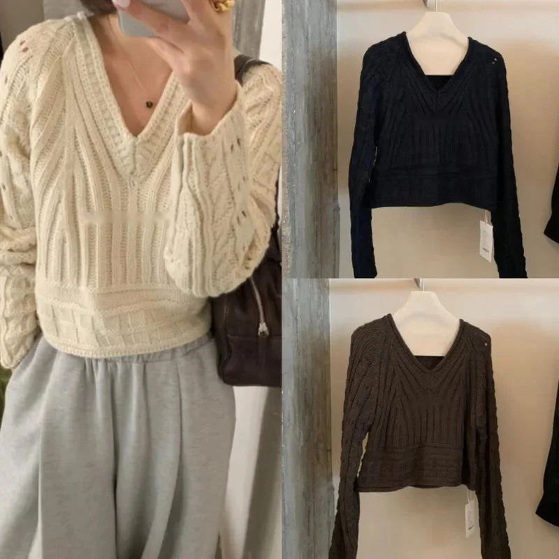 

Knitted Sweater Women Autumn Winter Korea Short Sweater Solid Color High Luxury V-neck Heavy Industry Pullover Commute Jacket