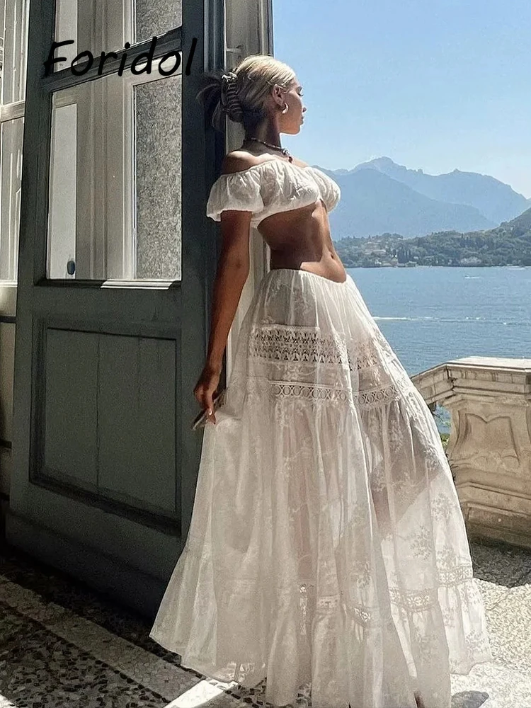 Off Shoulder Vintage White Lace Long Dress Women Two Pieces Matching Sets Summer Midi Dress Beach Boho Style Vestidos Feminino