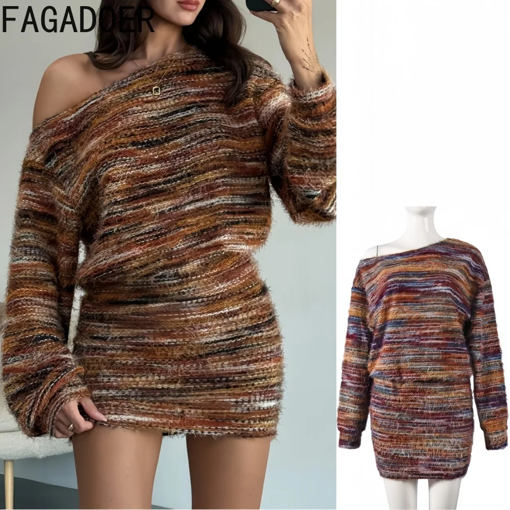 

FAGADOER Winter Fashion Knit Bodycon Dresses Women Color Block One-shoulder Stripe Patchwork Dress Female Streetwear Vestidos